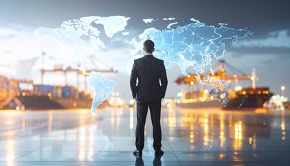 A man in a suit with a three-dimensional world map in the background