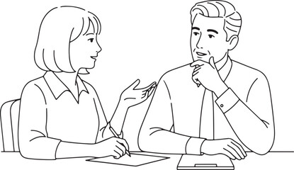 Black and white drawing of an office meeting or consultation between colleagues..