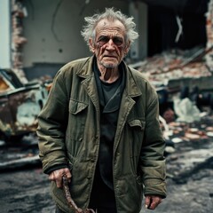 Obraz premium Elderly man with weathered face and grey hair standing in destroyed building ruins holding rusty tool, depicting war aftermath or disaster survivor
