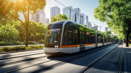 City Tram Passing Through Sunny Street – Sustainable Urban Transport Concept