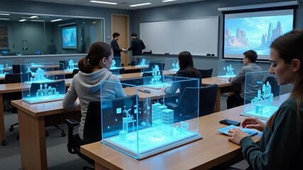 Students using augmented reality devices in a modern classroom environment for immersive learning and educational experiences, 4k video. - Powered by Adobe