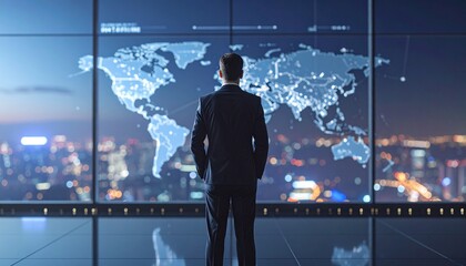 A man in a suit with a three-dimensional world map in the background