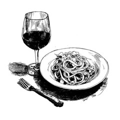 Hand-Drawn Ink Illustration of Pasta with Red Wine on Table. This monochrome ink drawing presents a classic Italian meal with a bowl of spaghetti topped with cheese and a glass of red wine.