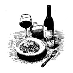 Vintage Ink Illustration of Italian Dinner with Wine and Pasta. This detailed black-and-white ink illustration captures a rustic Italian dinner scene, featuring a plate of pasta.