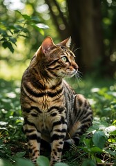 Bengal cat standing on grass in natural light