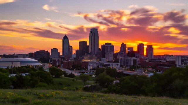 Kansas City Skyline at Sunset with Golden Light Reflecting on Modern Buildings against Cloudy Orange Sky from Grassy Hillside Overview