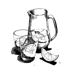 Hand-Drawn Illustration of Lemon Water in Pitcher and Glasses. This black-and-white ink drawing shows a refreshing scene with a glass pitcher and two drinking glasses filled with lemon slices