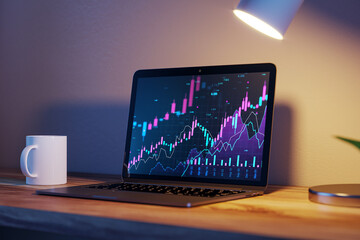 Laptop displaying colorful financial charts on wooden desk under warm desk lamp at night in home office environment. 3D Rendering