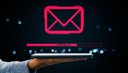 Neon email icon above tablet with progress bar showing message sending in digital communication concept on dark background.