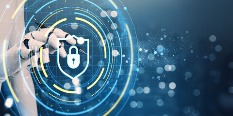 Robotic hand interacting with digital padlock icon representing cybersecurity and data protection technology in a futuristic virtual interface.