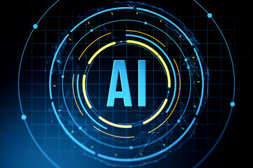 Futuristic AI interface with glowing circular digital elements, illustrating artificial intelligence and neural networks on dark tech background. 3D Rendering