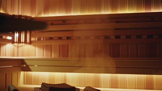 Wooden sauna interior with benches, slatted walls, and soft, diffused golden lighting