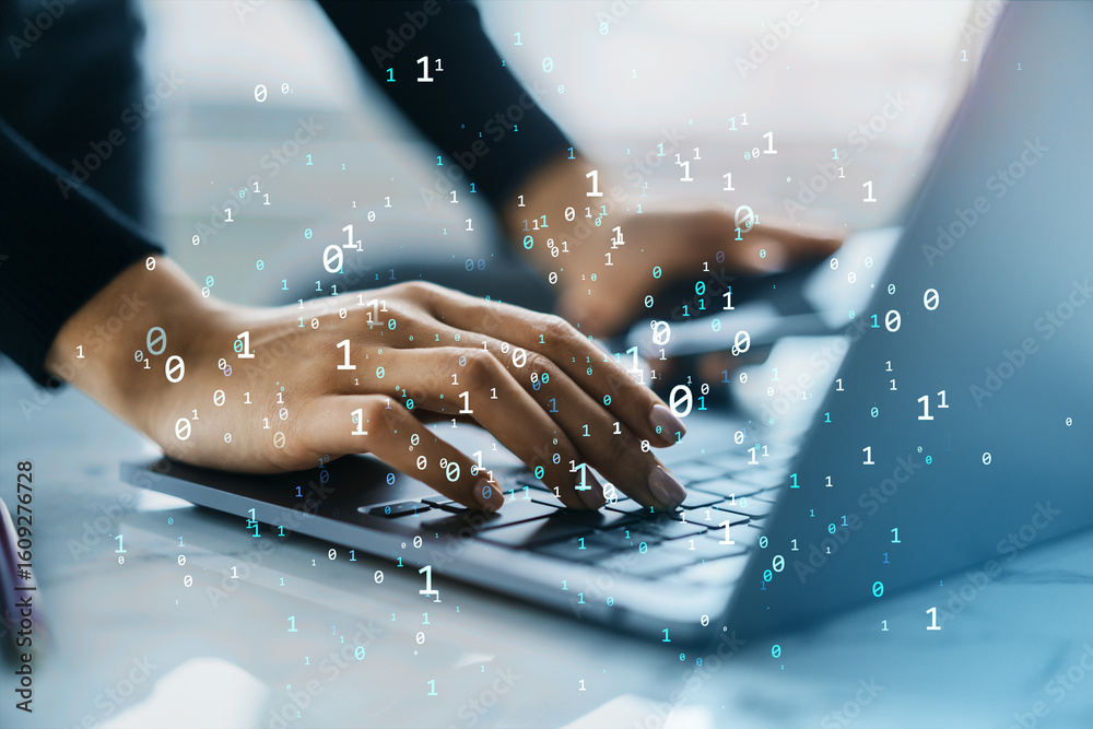 Poster hands typing on laptop keyboard with digital binary code overlay representing data, internet, and te