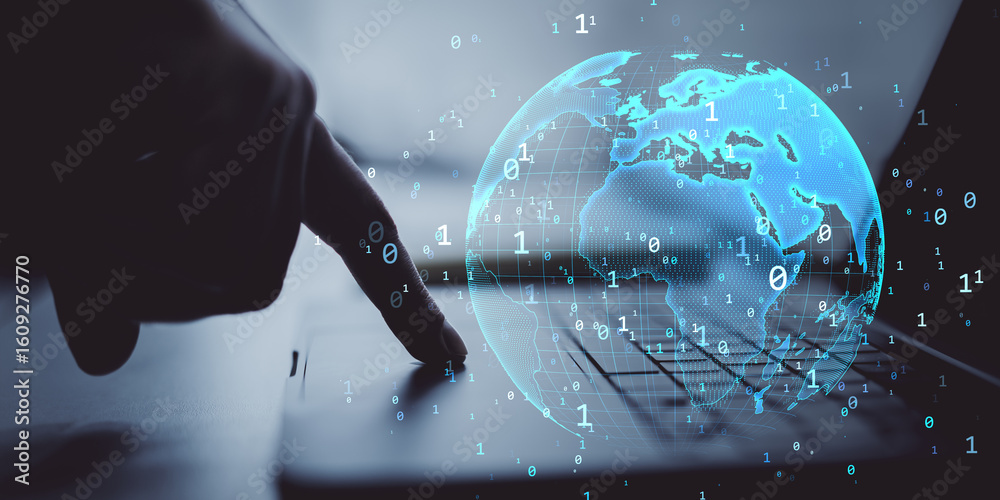 Poster Finger touching laptop keyboard with glowing digital globe and binary code representing global network and futuristic cyberspace concept.