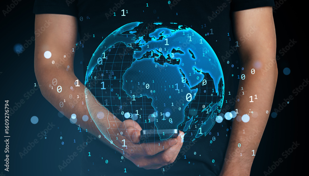 Poster digital holographic globe hovering above smartphone screen with binary code and global map concept o