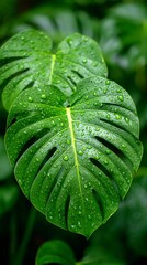 Obraz premium Vibrant green monstera leaves covered in refreshing water droplets