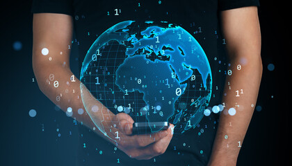Digital holographic globe hovering above smartphone screen with binary code and global map concept on dark background representing worldwide data connectivity.