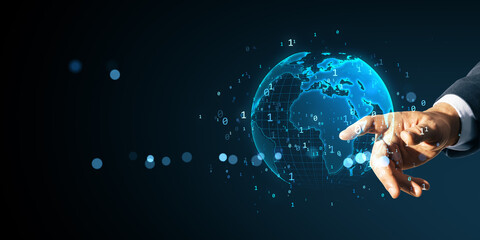 Business hand touching digital world map hologram with binary code on dark background, representing global data network and virtual access concept.