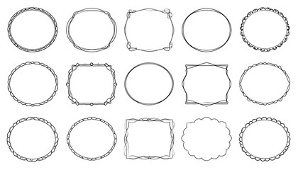 Collection of various decorative, outlined frames.  Different shapes, including circles, ovals, and rectangles, with ornate,  hand-drawn style borders