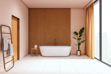 Modern luxurious bathroom interior with freestanding bathtub, wooden slat wall, city view window, and elegant decor elements. 3D Rendering
