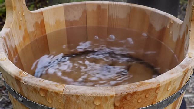 Close-up of water sloshing inside a wooden bucket held together with metal bands
