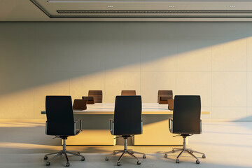 Modern corporate boardroom interior with empty chairs and sleek table setup in bright sunlight and minimalistic office design concept. 3D Rendering