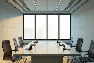 Modern boardroom interior with large windows, sleek office chairs, and digital tablets on table in bright corporate workspace setting. 3D Rendering