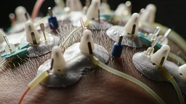 Head covered in electrodes, wires & sensors. Close-up. Dark background. Detailed textures
