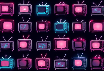 Glowing Cassette and TV Pattern Background &ndash; MTV Retro Theme