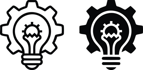 Gear Lightbulb Icons – Black and White Innovation Idea Vector Silhouette Design