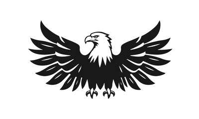 Eagle logo template. Black and white silhouette of an eagle with spread wings. Symmetrical and stylish logo, perfect for branding and emblems