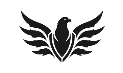 Eagle logo template. Black and white silhouette of an eagle with spread wings. Symmetrical and stylish logo, perfect for branding and emblems