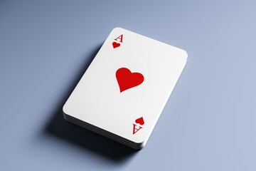 Stack of playing cards featuring the ace of hearts on a smooth blue gradient background viewed from above at an angle. 3D Rendering