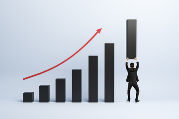 Businessman lifting final bar on upward graph showing career growth and success on light background with concept of motivation and achievement.