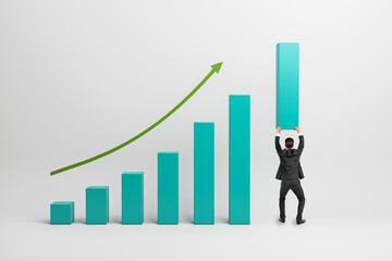 Businessman lifting final bar of growing chart symbolizing career progress, success, leadership and upward business strategy on light background.