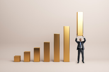 Businessman lifting final bar of golden graph symbolizing growth, achievement, and success in...