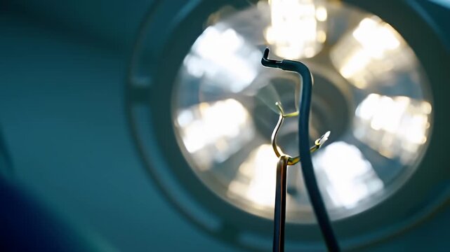 Surgical forceps under bright operating room light, soft blue-green ambient glow