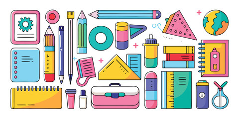 Various school supplies displayed, including scissors, glue, paper, pencils, and pens, ready for use in a classroom..eps