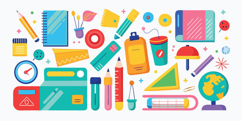 collection of school supplies scissors, glue, paper, pencils, and pens arranged neatly on a desk..eps