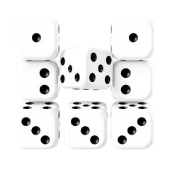 Dice isolated. Black and white dice. 6 dice with all numbers from 1 to 6. One to six dice.