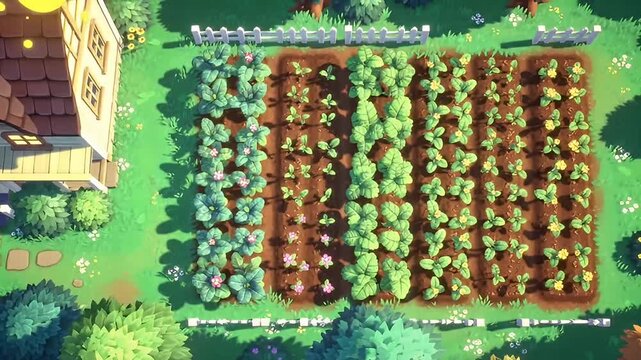 Top-down view of a cartoon house and garden with rows of crops and picket fence