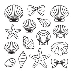Elegant Coastal Seashells and Starfish Line Art Pattern for Summer Beach Decor, Ocean-Themed Projects and Nautical Design Elements, icons