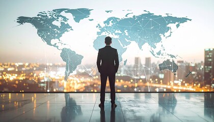 A man in a suit with a three-dimensional world map in the background