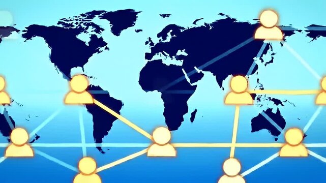 Connected World People icons on a world map connected by lines on gradient background