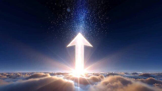 Bright arrow pointing upwards through clouds and starry sky, symbolizing hope and aspiration, with ethereal glow that inspires dreams and evokes sense of wonder.