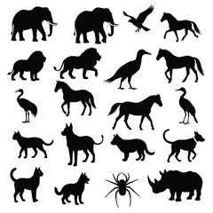 Obraz premium Silhouette Collection of Animals Horses Lions Elephants Dogs Cats Birds and Rhinoceros Vector Illustration Black Shapes on White Background