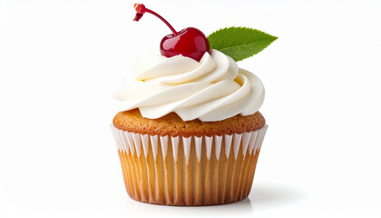 Cupcake with whipped cream frosting and cherry topping on sweet dessert display