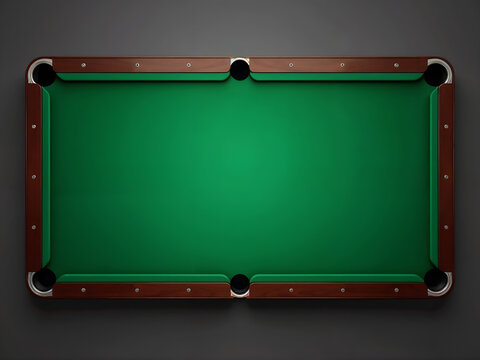 Top view of a green pool table with six pockets, isolated on dark background. Generative AI