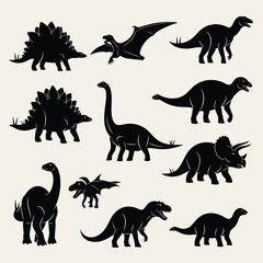 Dinosaur Silhouettes Collection Featuring Stegosaurus Pterodactyl Triceratops Tyrannosaurus and Brachiosaurus in Black on a Cream Background