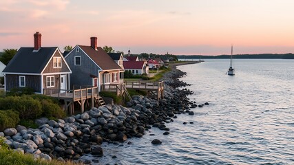 Charming coastal village homes lined along rocky shoreline at sunset